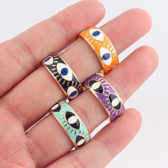 Evil Eye Enamel and Copper Adjustable Ring #1209 ORANGE - Picture 3 of 11